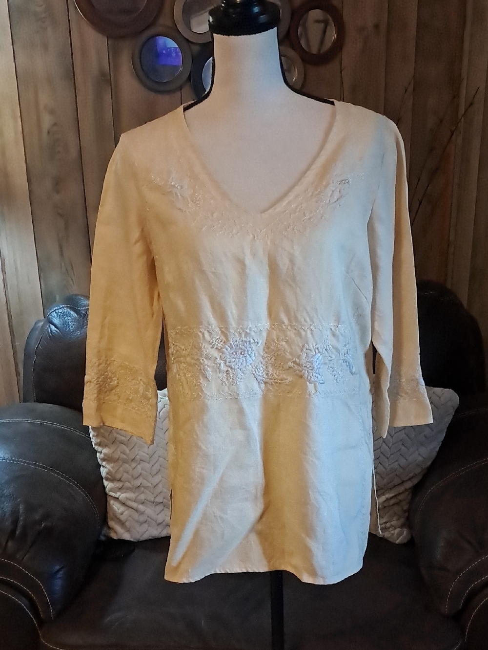Light Yellow Embroidered Irish Linen V-Neck Boho Festival Lagenlook Tunic